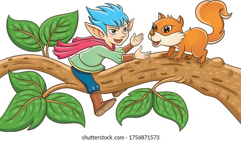 Cute elf fairy standing on tree branch with little squirrel friend.vector illustration  simple Gradients, no Effects, no mesh, no Transparencies