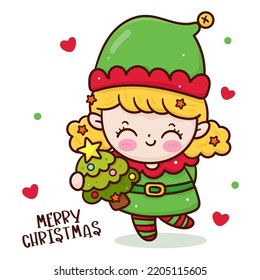 Cute elf girl Character Christmas tree. Series: X mas (happy new year kids) kawaii vector for fairy tale book. Perfect make a wish for celebration party children, princess party, pattern, background.