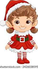 Cute elf girl dressed in Christmas costume smiling.