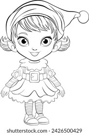 Cute elf girl in festive attire ready for coloring.