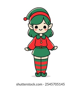 cute elf girl in green red costume isolated on white background