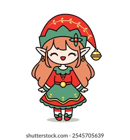 cute elf girl in green red costume isolated on white background