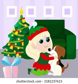 A cute elf girl is in a room decorated before Christmas. The child hugs the puppy. The girl is smiling and happy. Character design in childish cartoon style isolated on white background.
