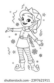 Cute Elf girl with snowflakes happy Santas little helper. Christmas coloring page for kids vector illustration.