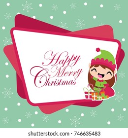Cute elf girl with Xmas gift bag on snowflakes background vector cartoon illustration for Christmas card design, wallpaper and greeting card 