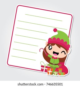 Cute elf girl with Xmas gift bag on red frame vector cartoon illustration for Christmas card design, wallpaper and greeting card 