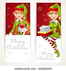 Cute Elf girls with gift on two vertical banners on a white background