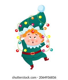 A cute elf, gnome, Santa's helper, entangled in a Christmas garland with colorful lights. Vector illustration in cartoon style isolated on white background