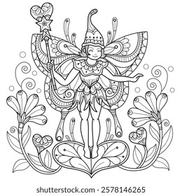 Cute Elf hand drawn for adult coloring book