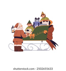 Cute elf helps Santa Claus to deliver Christmas gifts by sled. Elves couriers drive by sledge with heap of Xmas presents. Winter holiday helpers in sleigh. Flat isolated vector illustration on white