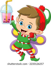 Cute elf holding bubble milk tea and ready to drink of illustration