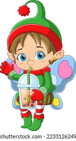 Cute elf holding and drinking bubble milk tea of illustration