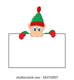 Cute elf holding the white board. Christmas card or for black Friday sale card. Vector Illustration