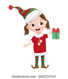 Cute elf holding a wrapped gift box, dressed in festive clothes. Christmas vector character.