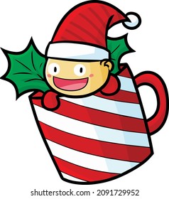 Cute elf laughing happily in a red white stripes mug