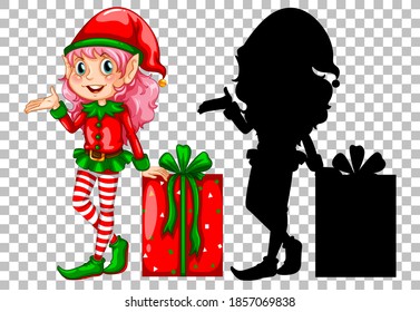 Cute elf next to gift box illustration