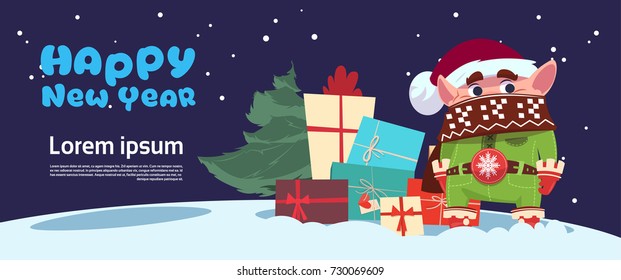 Cute Elf On Happy New Year Greeting Card Merry Christmas Holiday Concept Flat Vector Illustration
