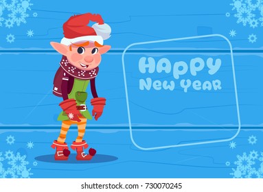 Cute Elf On Happy New Year Greeting Card Christmas Holiday Concept Flat Vector Illustration