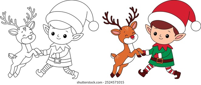 Cute Elf Playing with Reindeer Outline Coloring Page. Christmas and Winter Illustration 