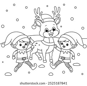 Cute Elf Playing with Reindeer Outline Coloring Page. Christmas and Winter Illustration 