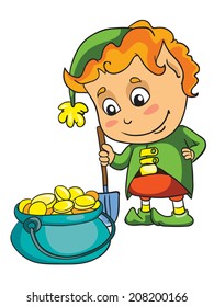 cute elf and a pot of gold, vector illustration on white backgroun