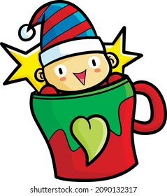 Cute elf with red blue hat in a red green christmas mug
