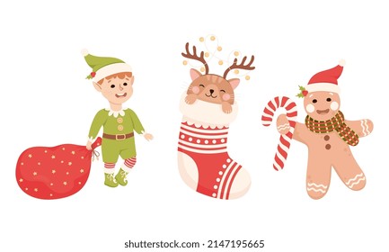 Cute Elf with Red Sack and Kitten Sitting in Stocking as New Year Character Vector Set