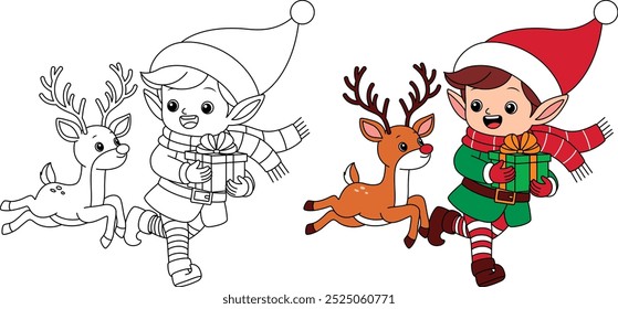 Cute Elf Runing with Reindeer Outline Coloring Page. Christmas and Winter Illustration 