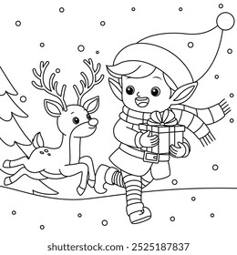 Cute Elf Runing with Reindeer Outline Coloring Page. Christmas and Winter Illustration 