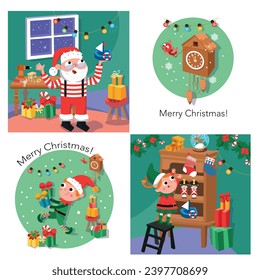 Cute elf and Santa Claus with gifts for children. Christmas workshop. Vector cartoon scenes for decoration of cards, books. Merry Christmas.