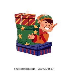 Cute elf of Santa Claus holds stack of Christmas gifts. Character of winter holiday carries wrapped Xmas presents. Funny boy with surprise boxes, giftboxes. Flat isolated vector illustration on white