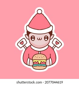 Cute elf con Santa Costume sosteniendo la ilustración de la hamburguesa. Gráficos vectoriales para impresiones de merch y otros usos.