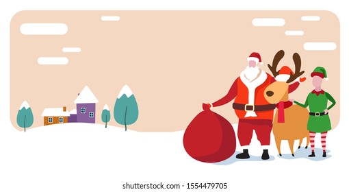 cute elf santa and deer standing together merry christmas happy new year holiday celebration concept snowy houses on winter background greeting card horizontal vector illustration