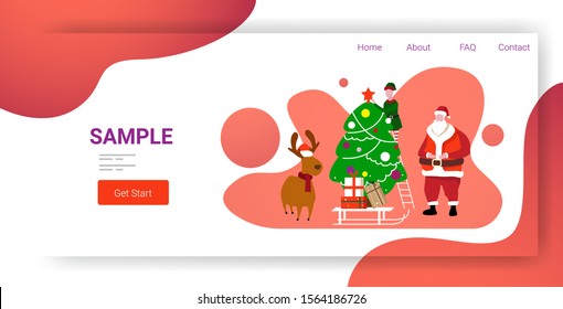 cute elf santa and deer standing together near fir tree merry christmas happy new year holiday celebration concept greeting card horizontal full length copy space vector illustration