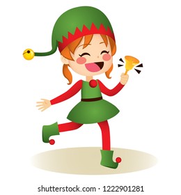 Cute elf Santa helper happy girl character ringing bell