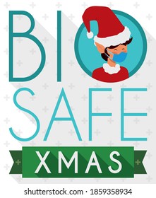 Cute elf with Santa's hat and half-mask, taking biosecurity measures against COVID-19, promoting a safe Xmas celebration.