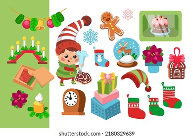 Cute elf and set of christmas objects in cartoon style. Elements for design of posters, games, books, puzzles. Vector hand drawn illustration.