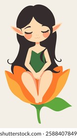 Cute elf sitting in flower. Vector isolated illustration.