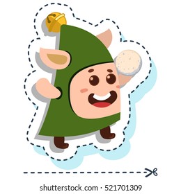 Cute Elf with a snowball on a white background. Vector patch badges.