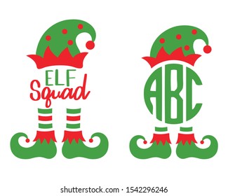Cute Elf Squad Monogram Frame Vector Illustration. Christmas Elf Hat And Boots.