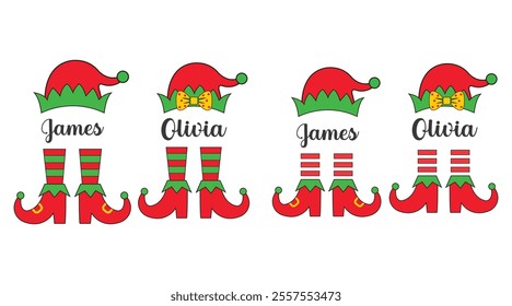 Cute elf squad monogram frame vector illustration. Christmas elf hat and boots.