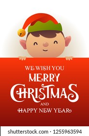 Cute elf stands behind red signboard advertisement banner with text Merry Christmas and Happy New Year vector