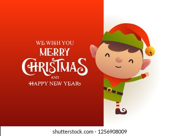 Cute elf stands behind red signboard advertisement banner with text Merry Christmas and Happy New Year vector