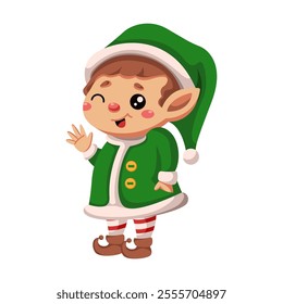 Cute elf waving hand and winking flat color vector character. Friendly Santa helper on Christmas holiday illustration on white background