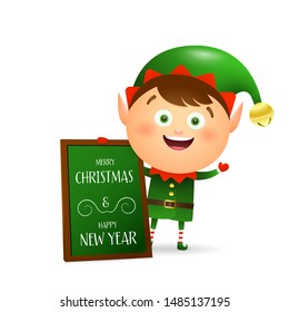 Cute elf wishing Merry Christmas. Signboard, green costume, message. Christmas concept. Realistic vector illustration can be used for greeting cards, New Year banner and poster design