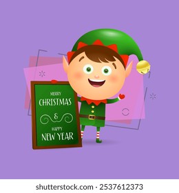 Cute elf wishing Merry Christmas. Signboard, green costume, message. Christmas concept. Realistic vector illustration can be used for greeting cards, New Year banner and poster design