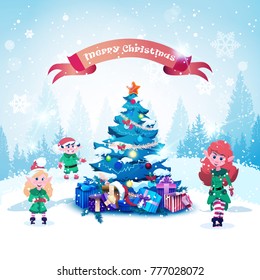 Cute Elfs Near Decorated Christmas Tree Over Winter Forest Landscape Holiday Greeting Card Flat Vector Illustration