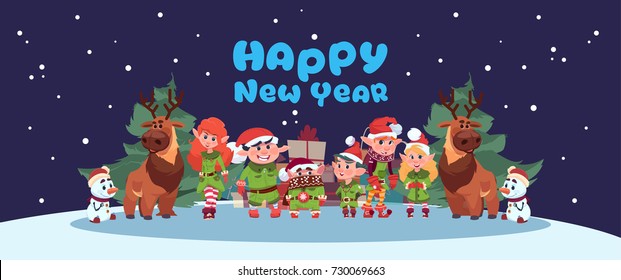 Cute Elfs And Santa Deer On Happy New Year Greeting Card Merry Christmas Holiday Concept Flat Vector Illustration