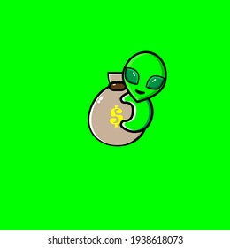 Cute elien mascot character illustration design hugging treasure