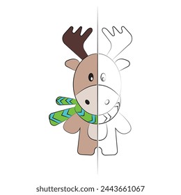 Cute elk cartoon character coloring pages for kids' activities. Pages feature partially colored images as examples for coloring. Ideal for kids and toddlers learning to color. Template colouring pages